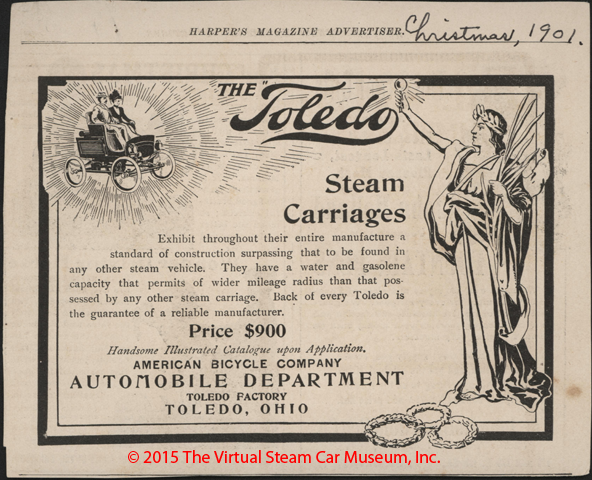 Toledo Steam Carriage, American Bicycle Company, Automobile Department, Magazine Advertisement, Harpers Magazine, December 1901